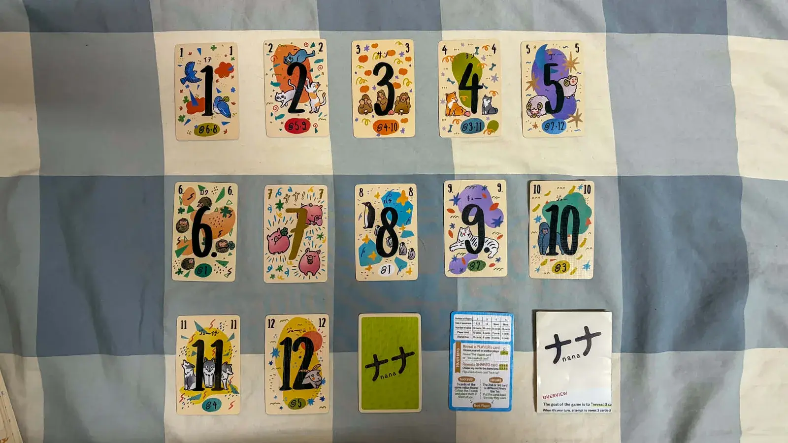 All twelve Nana card fronts laid out 1 to 12, beside a green card back and the manual.