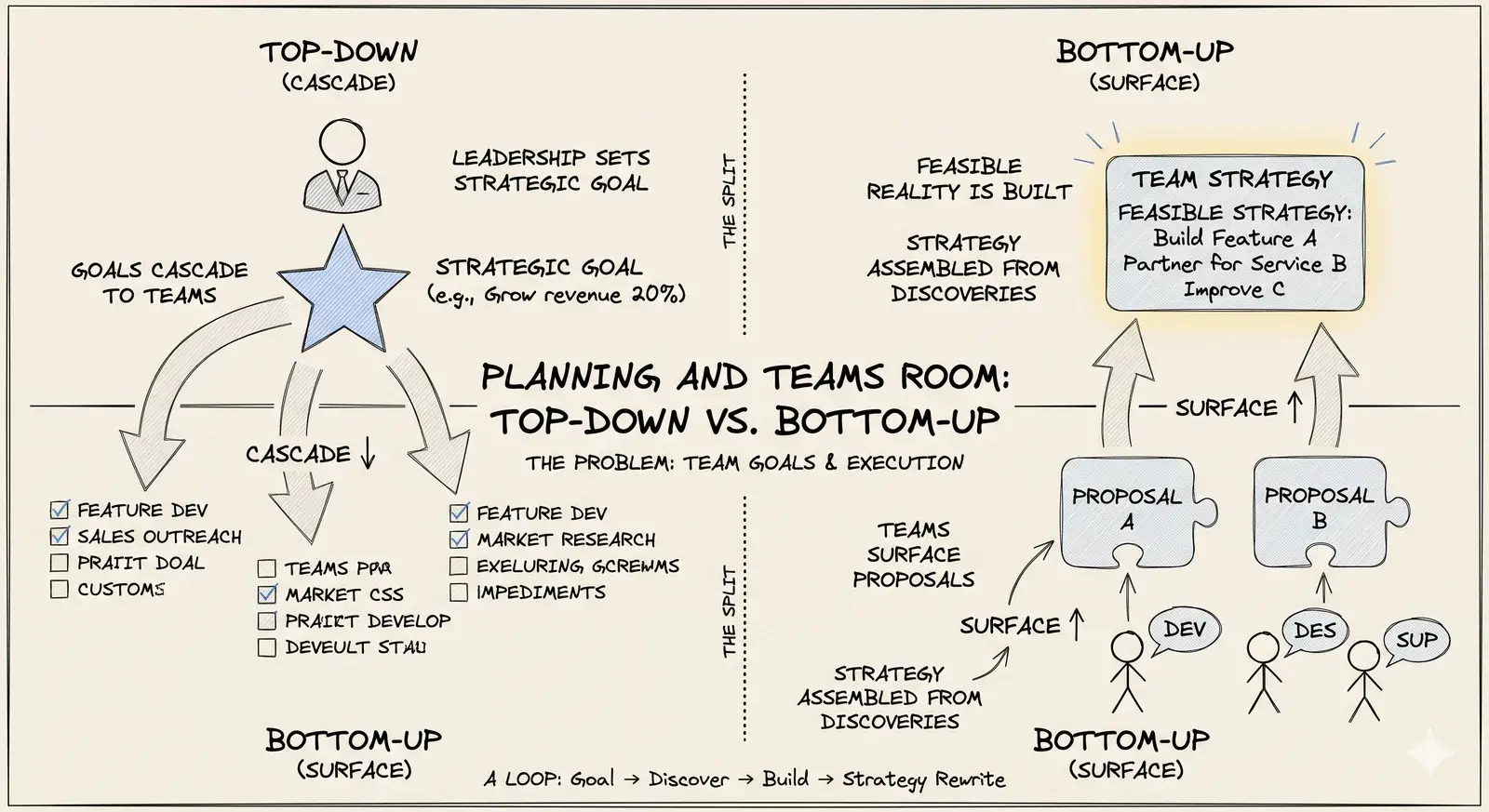 Teams: top-down cascades a goal down into tasks; bottom-up surfaces proposals up into strategy.