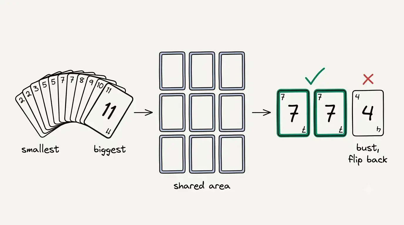 Diagram of a Nana turn: reveal a hand's biggest or smallest card, keep matching the target value across the shared grid, or bust and flip everything back.